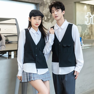 714-H657P55/2025情侣装工作服制服假两件马甲ktv酒吧衬衫S-5XL图片