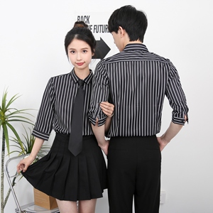 714-5002P45控69/2025夏季五分袖衬衫餐厅奶茶店工作服条纹衬衣图片