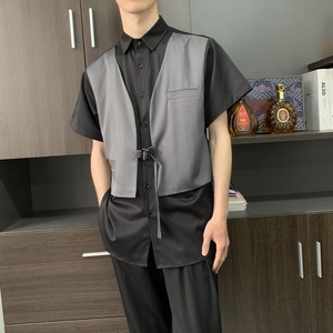 714-H3012P55控69/2025夏季日系发型师衬衫宽松假两件工作服图片