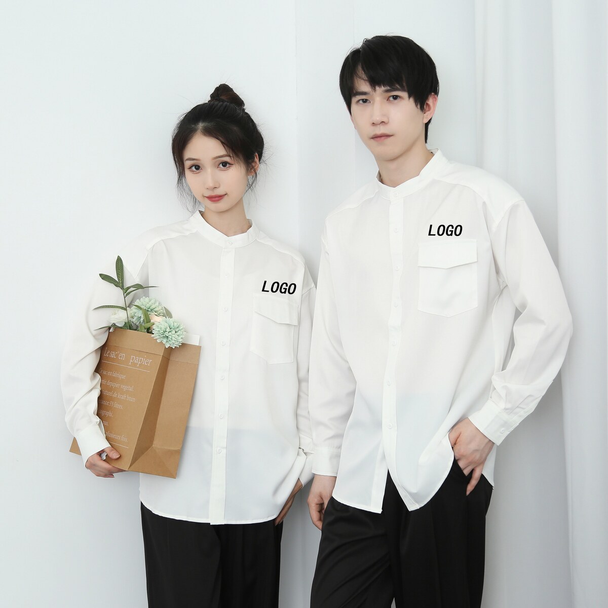 714-D3036P45控65/2025春新男女宽松工作服衬衫logo定制立领制服图片