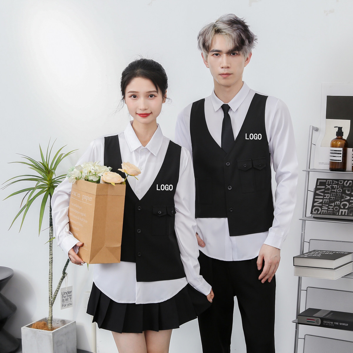 714-H657P55控69/2026秋季修身假两件工作衬衫ktv酒吧理发店制服图片