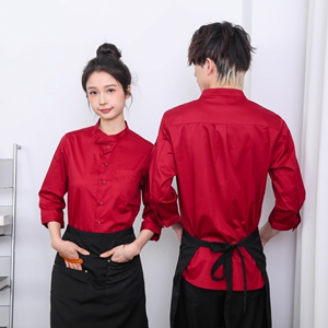 714-F3076P50控79/2025夏季男女工作服衬衫立领餐厅工作服制服,鱼尾斜裙搭配图片