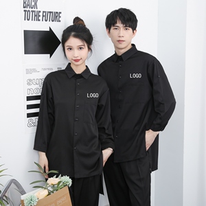 714-F636P50控75/2025新款男女同款日系发型师工作服中长款衬衣,服装搭配师有哪些比较出名的图片