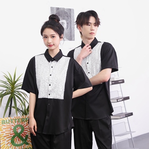 714-D3075P45控69/2026夏季宽松工作服衬衫亮片拼接团体服制服图片