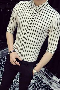 5002/店主风2025韩版男士五分袖中袖衬衫工作服简约条纹S-5XL P50图片
