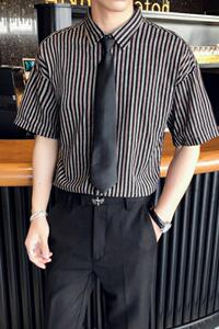 714-D644P45/店主风2025夏季短袖衬衫条纹工作服衬衣休闲制服装图片