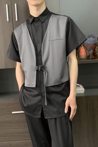 714-H3012P55控69/2025夏季日系发型师衬衫宽松假两件工作服图片
