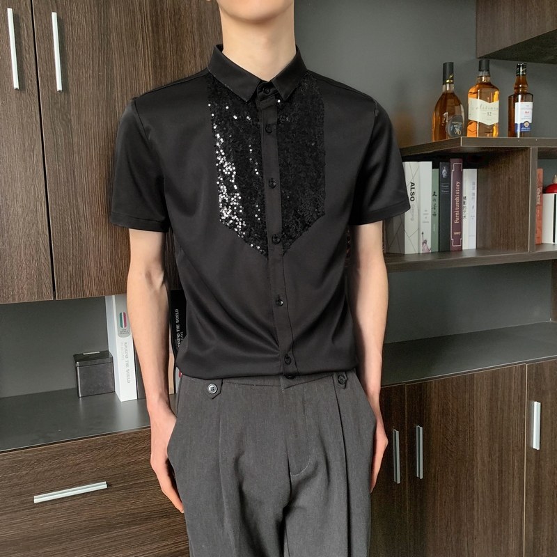 714-D3014P45控59/2025夏季短袖发型师衬衫修身工作服迎宾舞蹈服,男装T恤,星座714(原C313)