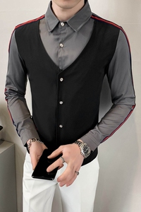714-H677P55/店主风男士假两件衬衫工作服衬衣修身发型师服S-5XL图片