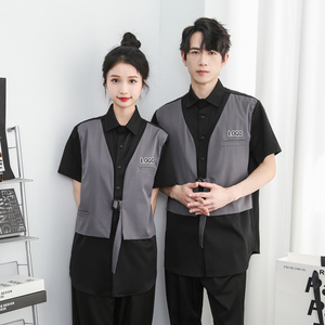 714-H3012P55控79/2025新款夏季日系假两件拼接发型师工作服衬衫