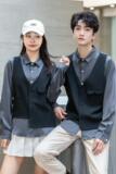 714-H657P55/2025情侣装制服发型师衬衣酒吧假两件马甲衬衫S-5XL，男装衬衫，星座714(原C313)