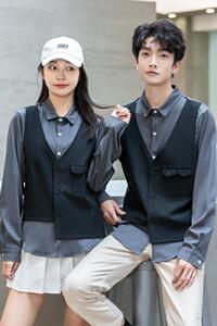 714-H657P55/2025情侣装制服发型师衬衣酒吧假两件马甲衬衫S-5XL图片