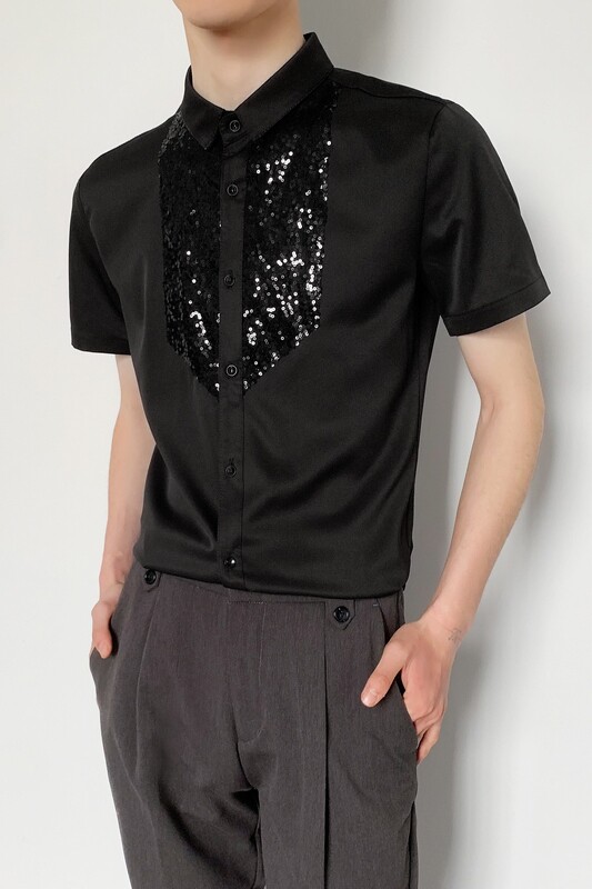 714-D3014P45控59/2025夏季短袖发型师衬衫修身工作服迎宾舞蹈服,男装T恤,星座714(原C313)