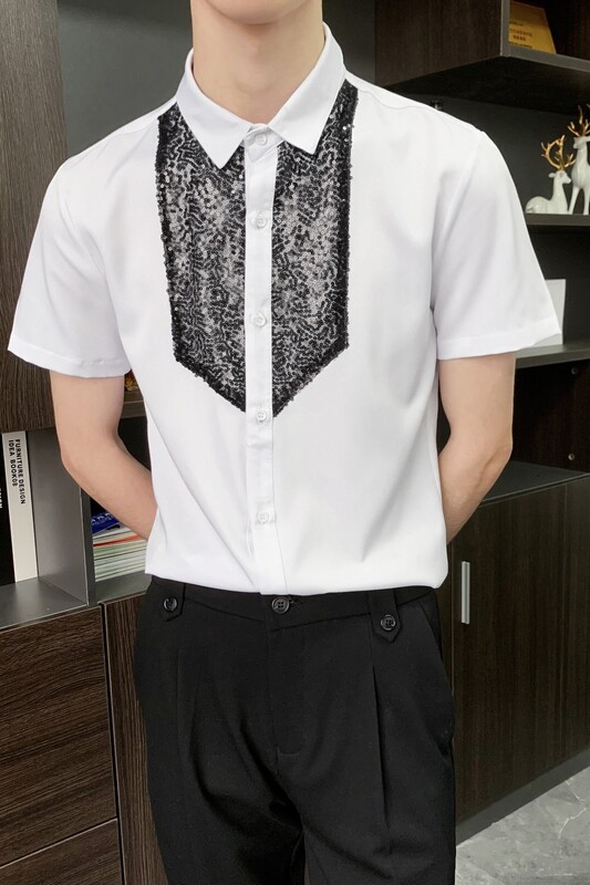 714-D3014P45控59/2025夏季短袖发型师酒吧餐厅衬衫修身工作服,男装T恤,星座714(原C313)