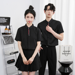 714-Y330P35控49/2025夏短袖衬衫奶茶西餐厅理发店logo定制工作服图片