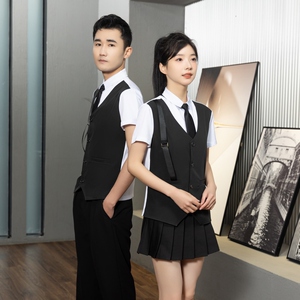 714-H6004P55控69/2025短袖修身KTV餐厅假两件背带工作服制服图片