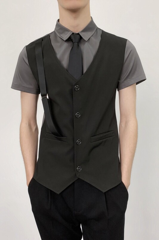 714-H6004P55控69/发型师ktv酒吧衬衫修身假两件工作制服假背带,男装衬衫,星座714(原C313)