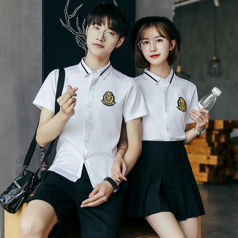Y820/2025情侣装韩版时尚徽章衬衫学生装班服校服短袖衬衣团体P40,男装T恤,星座714(原C313)