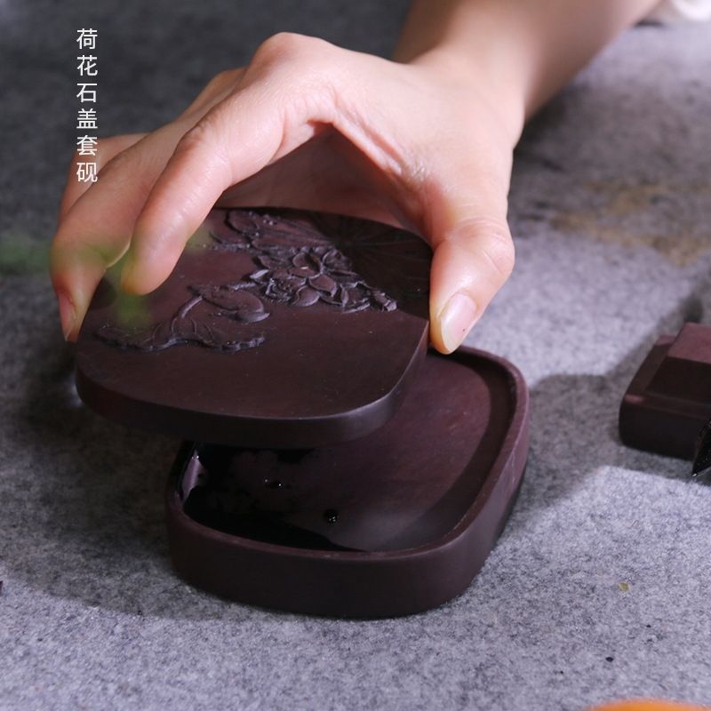 肇庆端砚初学砚台4寸荷花淌池石盖便携5寸6寸密封小楷中楷文房