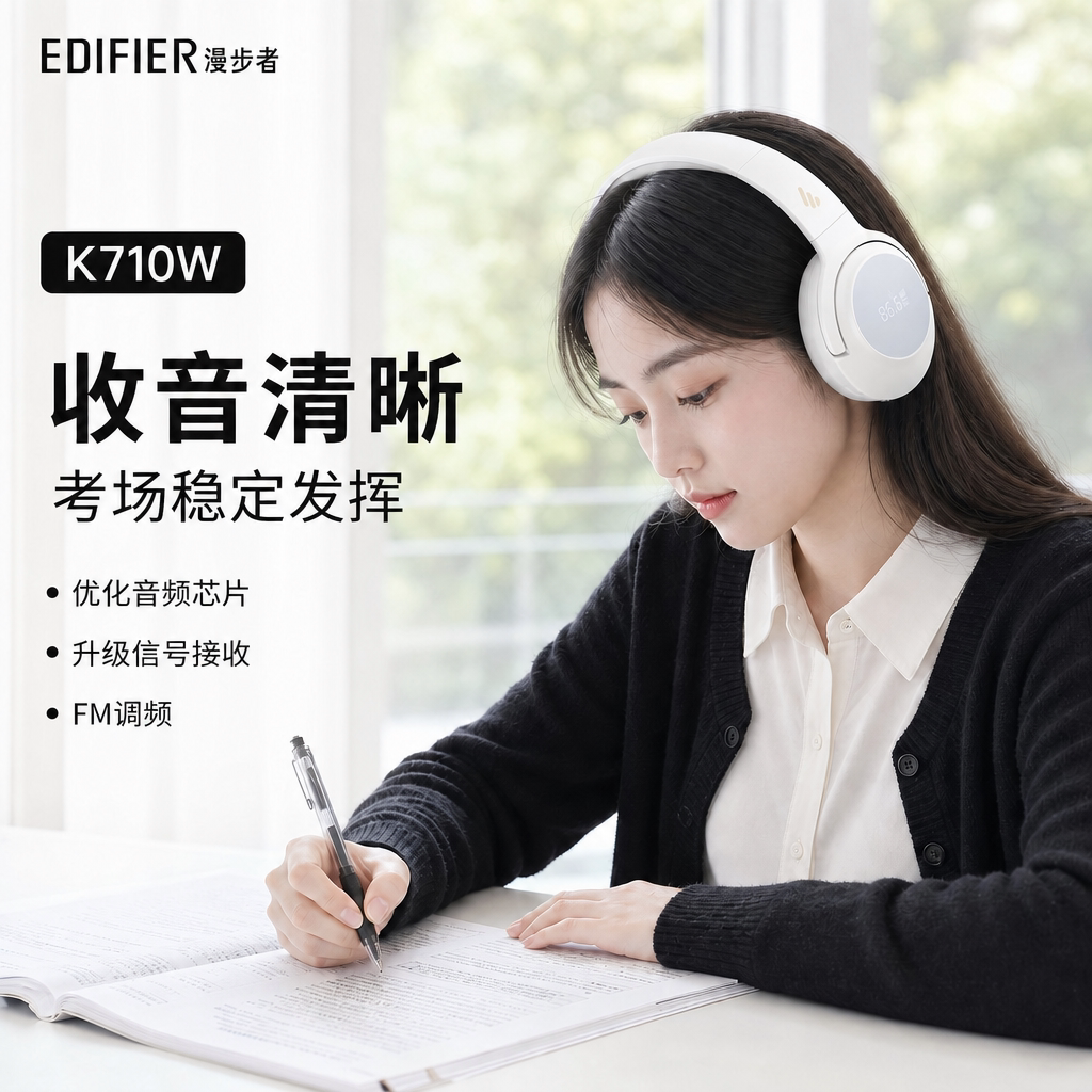 漫步者大学英语四六级听力耳机FM调频收音清晰一键考试蓝牙头戴式