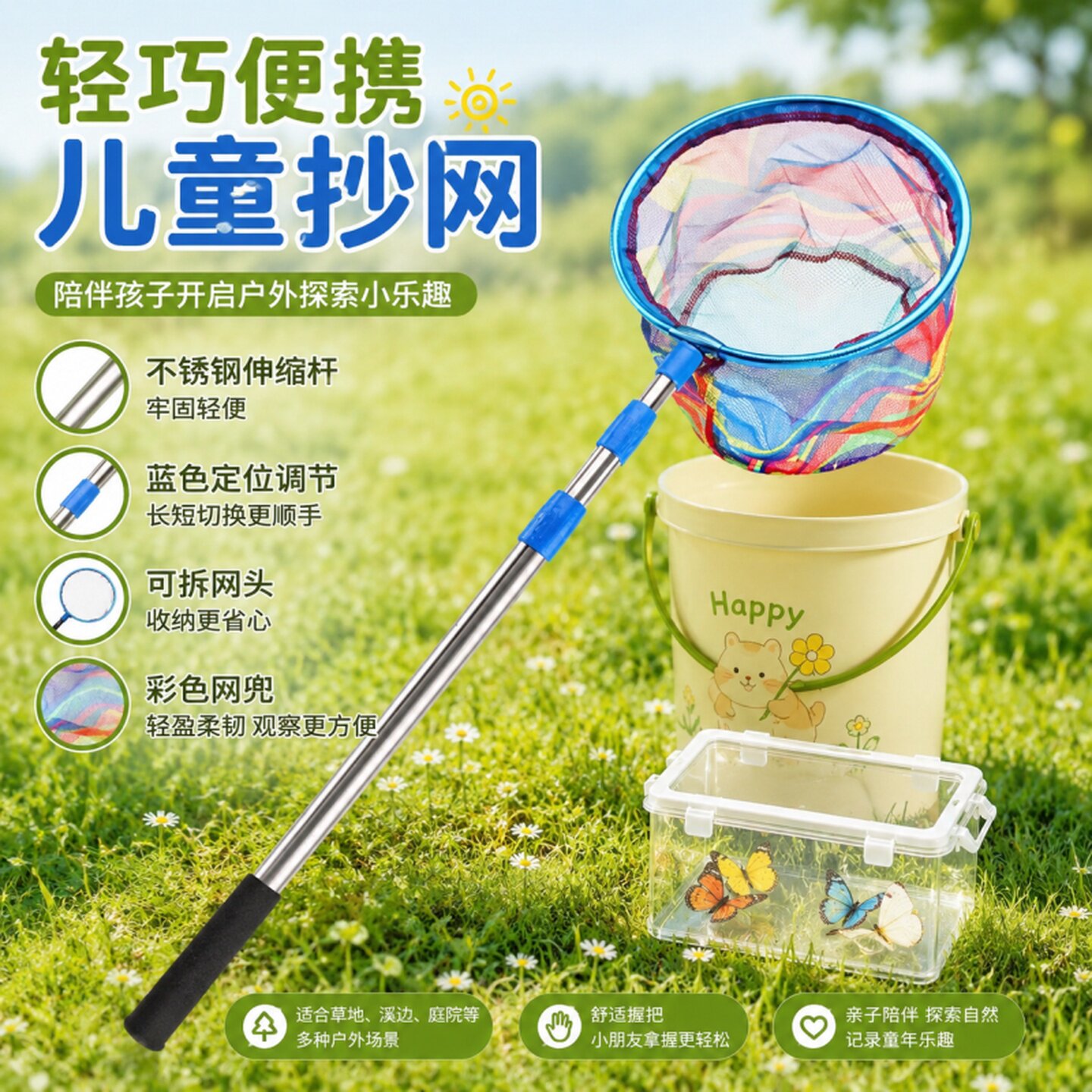 儿童抄网渔网捞鱼儿童可伸缩碳素网捕捞鱼网兜抓蜻蜓蝴蝶捕昆虫网