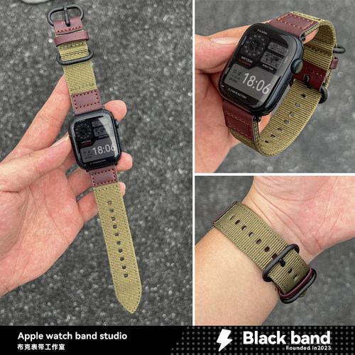 苹果s10手表ultra3文艺S11尼龙拼真皮apples9表带s8s7iwatch/SE2