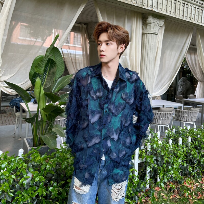 潮牌时尚夜店发型师衬衫男夏季个性流苏设计半透防晒休闲长袖衬衣