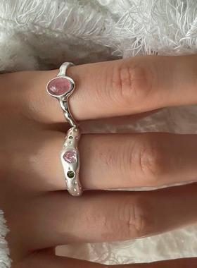 【爱记】爱情运草莓晶粉色爱心小众甜美简约百搭开口银戒