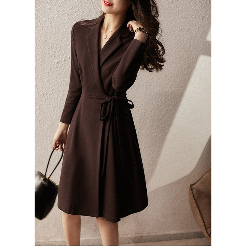棕色西装连衣裙女春秋季气质优雅法式复古修身显瘦高级感中长裙子