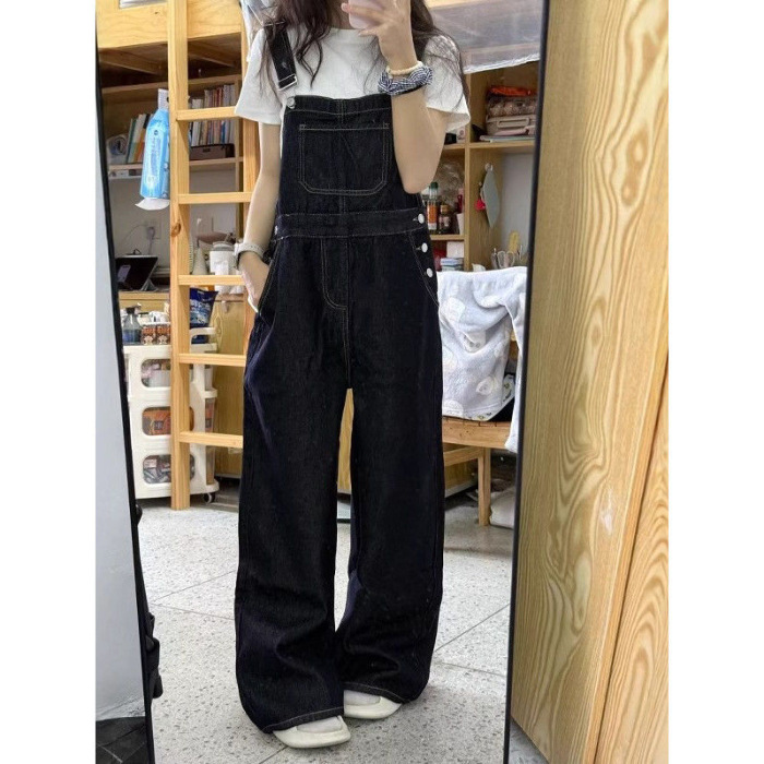 【新塘牛仔全店现货】美式复古牛仔背带裤女慵懒风宽松直筒阔腿长