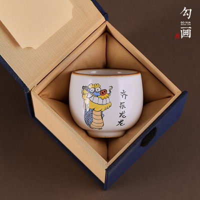 手绘生肖龙虎汝窑开片陶瓷茶杯