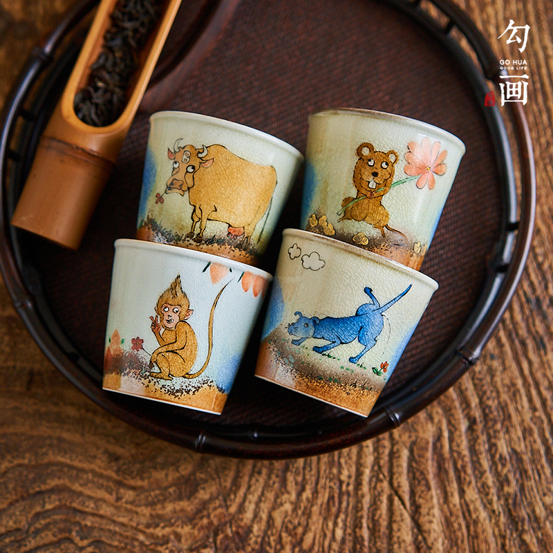 勾画手绘茶杯十二生肖功夫茶具