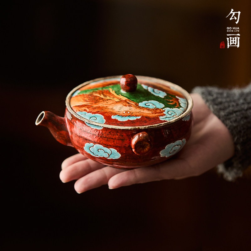 纯手工粗陶茶壶日式宝瓶手抓壶景德镇手绘龙图案单人茶具泡茶盖碗