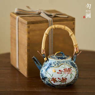 景德镇描金开窗茶壶轻奢现代高级感手工手绘茶具高端青花瓷提梁壶