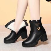 防水台全牛皮新款 冬季 羊毛皮毛一体高跟棉鞋 加绒保暖冬靴粗跟厚底