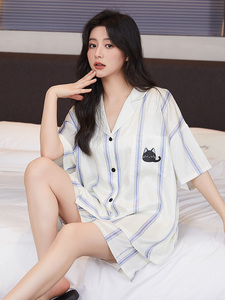 花花公子睡衣女夏季短袖冰丝薄款仿真丝女士夏天丝绸凉感可外穿家