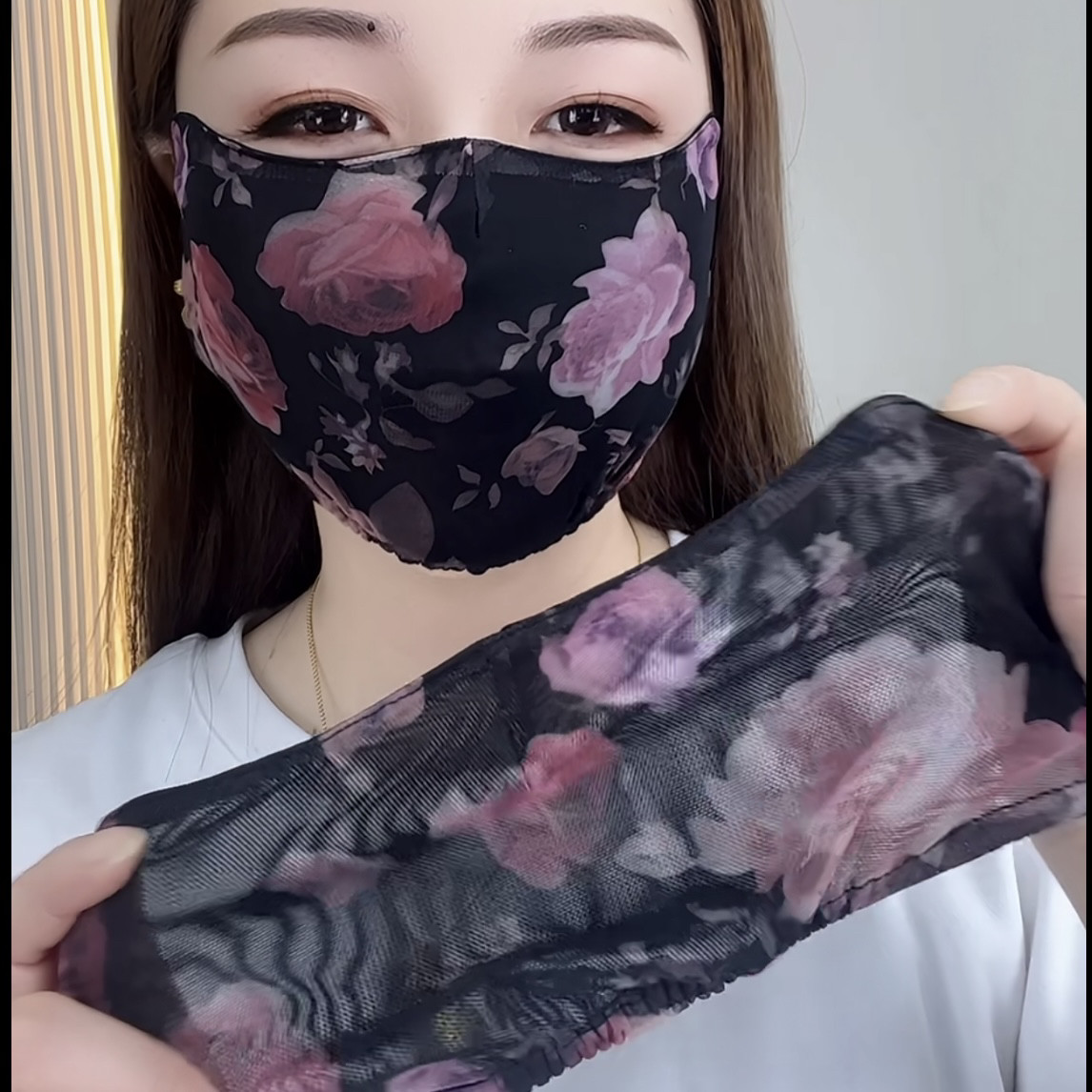 2025新款高颜值防晒口罩女款高护眼角可水洗亲肤透气大花弹力网纱