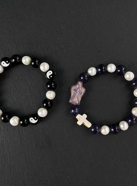 CGYYDS猫眼午夜紫黑曜石太极珍珠手串cleanFit风小众潮流手链情侣