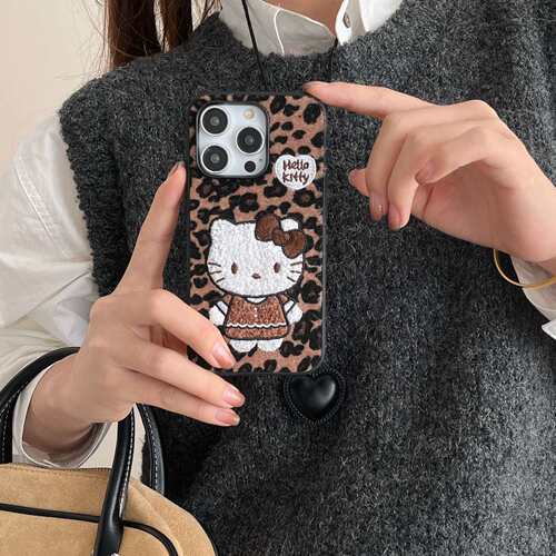 绒布刺绣Kitty猫豹纹手机壳适配