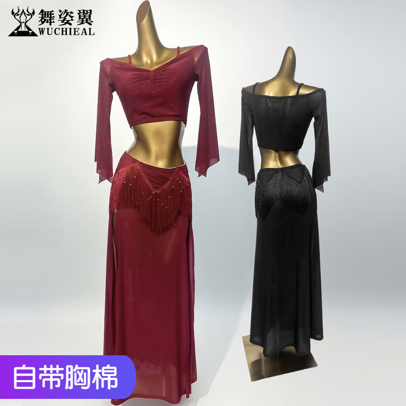 肚皮舞练功服套装网纱中袖带胸垫