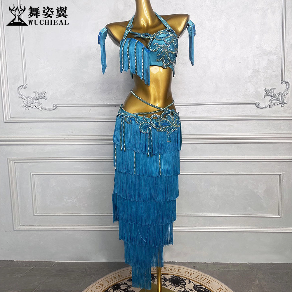 舞姿翼肚皮舞表演服装女演出服蓝色重工烫钻流苏文胸鼓舞长裙套装