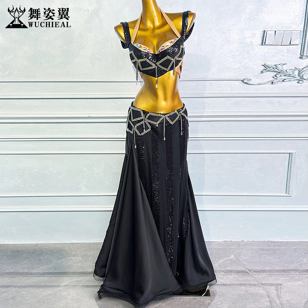 肚皮舞黑色烫钻轻奢款演出服套装