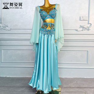 舞姿翼肚皮舞表演出服装女东方舞红色飘袖烫钻文胸双开叉长裙套装