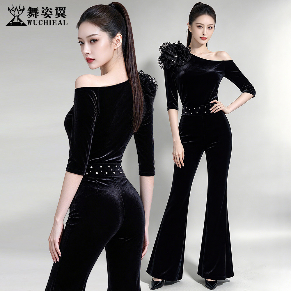 舞姿翼形体礼仪走秀训练服丝绒烫钻立体花斜肩领中袖上衣裤子套装