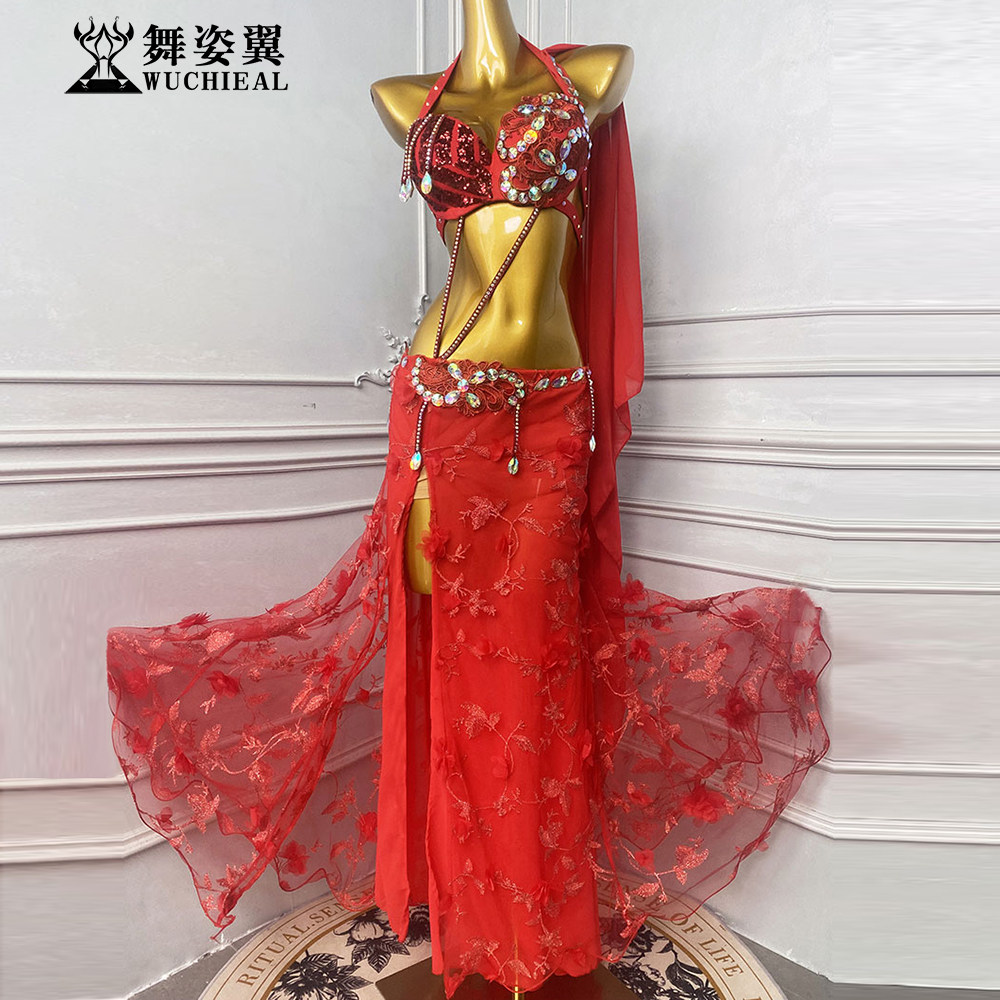 舞姿翼表演服立体花烫钻长裙套装