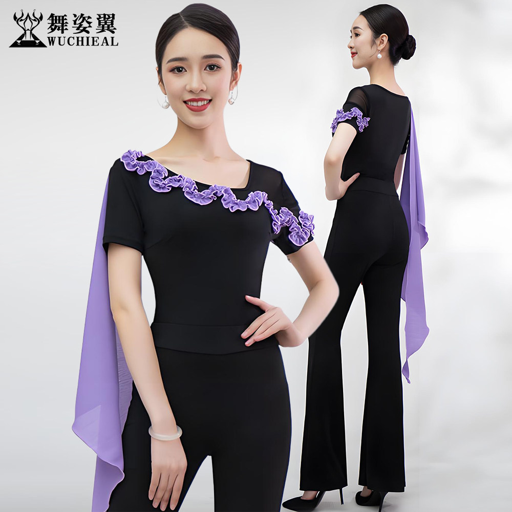 舞姿翼修身形体礼仪走秀训练服黑色牛奶丝带飘纱短袖上衣裤子套装