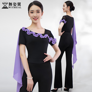 舞姿翼修身形体礼仪走秀训练服黑色牛奶丝带飘纱短袖上衣裤子套装