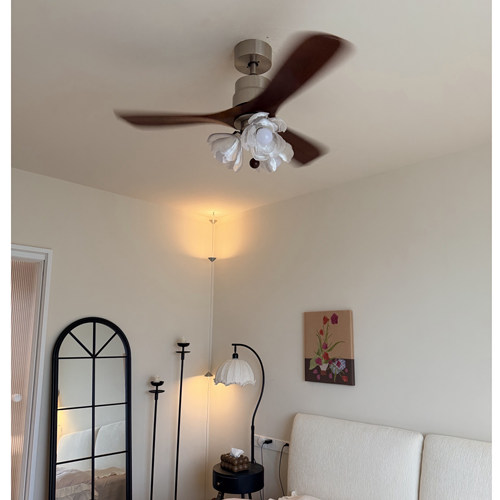 中古风实木花苞吊扇灯遥控变频