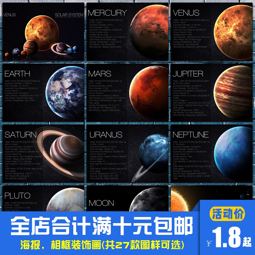 九大行星 宇宙太空天文知识海报装饰画卧室教室展厅相框墙画挂画