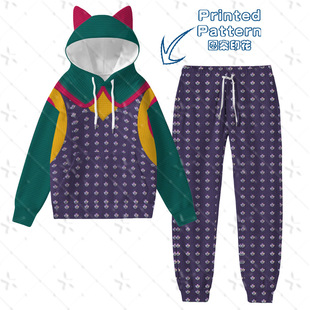 视错针织图案印花猫耳连帽衫怪奇物语霍莉同款女童卫衣卫裤套装